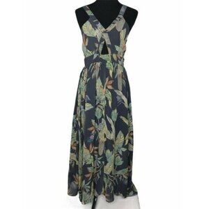 Junk Hippie Womens Midi A Line Black Green Bird Foliage Floral Cutout Dress SZ M